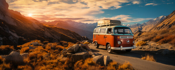A vintage van traveling at sunset in nature on a canyon path for a road trip to adventure and freedom - obrazy, fototapety, plakaty