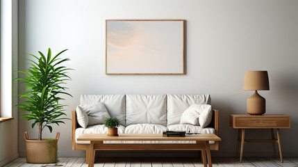 Modern Living Room Interior with Blank Mockup Poster Frame