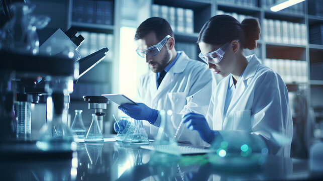 Two scientists wearing protective glasses working together, analyzing samples. Advanced Scientific Laboratory of Medicine. Generative AI