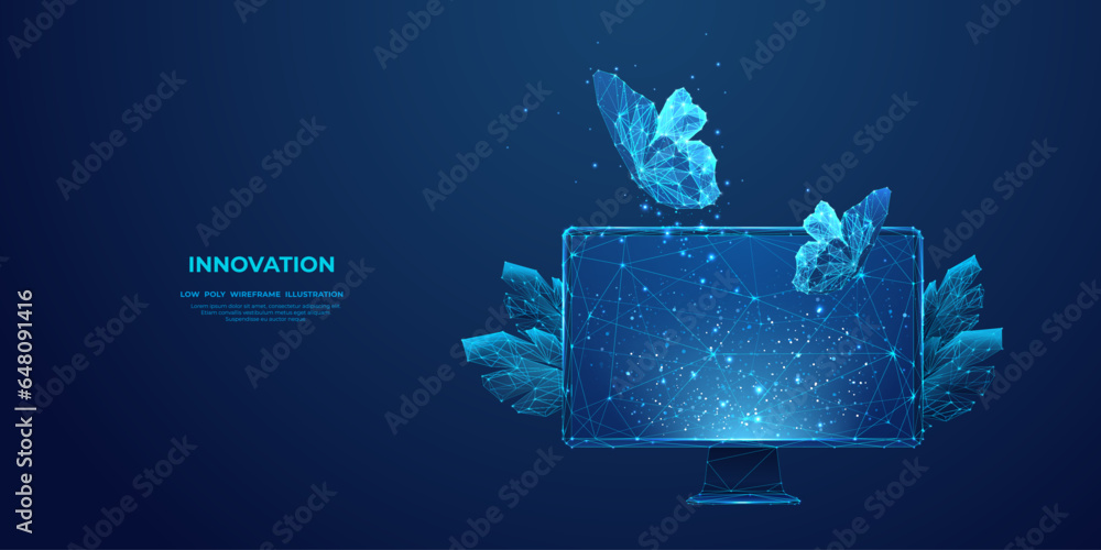 Poster innovation digital concept. abstract butterflies fly out from the computer monitor screen. low poly 