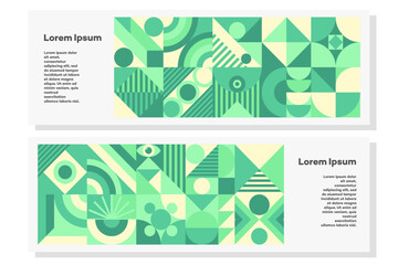 Green geometry flyer set bauhaus minimal 20s style with nature abstract shapes. Fresh organic background. Eco friendly texture, geometry mosaic. Vector 10 eps