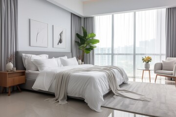 Fototapeta premium The interior of the white bedroom is decorated in a modern home style with contemporary furniture