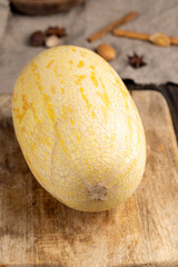 close-up of the peel of a ripe light yellow melon
