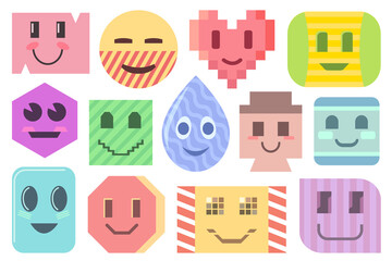 Geometric objects and symbols with faces. Doodle cartoon geometric forms in different color. 