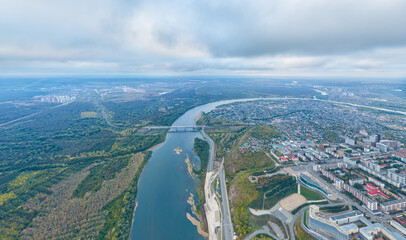 Ufa, Russia. Panorama of the city from the air during sunset. Cloudy weather. Aerial view