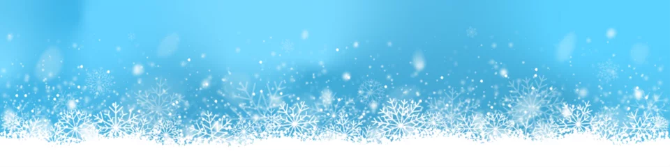 Fotobehang Christmas banner with snow on blue background. Winter border vector illustration with snowflakes. © Auguste Lange