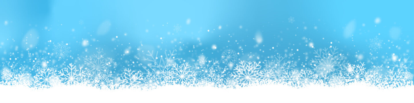 Christmas banner with snow on blue background. Winter border with snowflakes