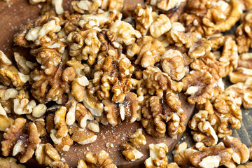 Walnut kernel on the kitchen table during cooking