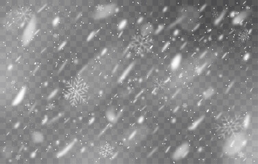 Snowfall on transparent background, snow vector pattern