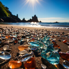 Beautiful Glass Beach, colorful pebbles, Fantasy seascape, dreamy atmosphere
