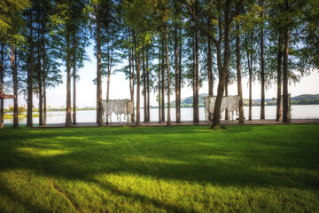 A wedding scene with white cloth hanging in the woods