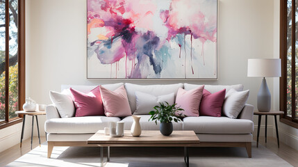 Contemporary Elegance with Grey Sofa and Abstract Art