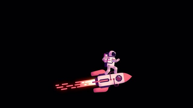 Astronaut flies in space standing on a rocket like a surfer. Looping cartoon animation.