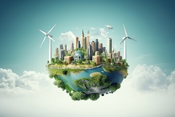 Environment of planet earth. Green healthy planet with many windmills and other renewable energy...