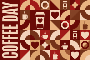 Happy Coffee Day. Holiday concept. Template for background, banner, card, poster with text inscription. Vector EPS10 illustration.