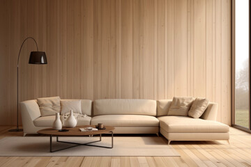Fototapeta na wymiar Natural lighting of beige corner sofa against of wooden paneling wall with minimalist modern living room in background of soft light. Concept of minimalist and modern interior design.