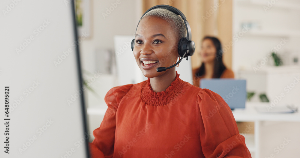 Poster call center, black woman and consulting at computer in office for crm questions, faq contact and it 