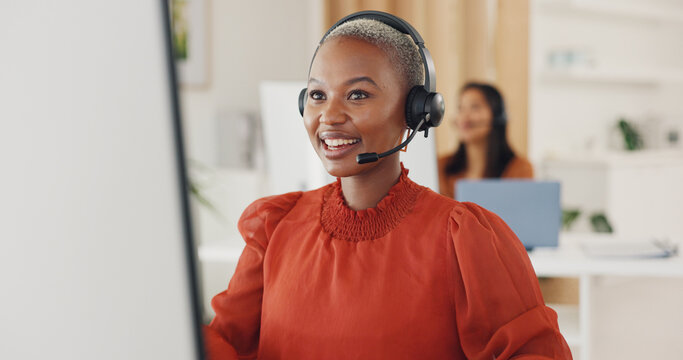 Call center, black woman and consulting at computer in office for CRM questions, FAQ contact and IT support. Happy telemarketing agent at desktop for sales advisory, telecom solution and offer help