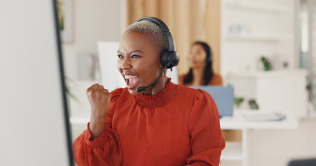 Winner, success and motivation with a black woman in a call center for customer service or support....