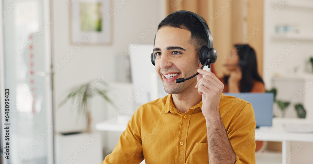 Poster Call center, man and online consulting in office for CRM questions, FAQ contact and IT support. Happy telemarketing agent with communication for sales advisory, telecom solution and offer client help