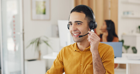 Call center, man and online consulting in office for CRM questions, FAQ contact and IT support....