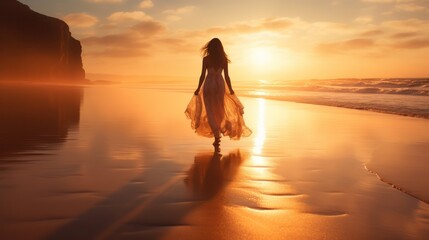 Fototapeta premium A beautiful young pretty girl walking outdoors at the beach.