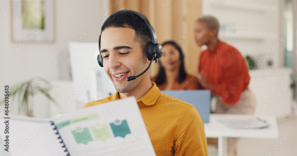 Poster Call center, man and consulting documents in office for CRM report, FAQ proposal and IT support. Telemarketing agent reading notes, information folder and planning sales advisory for telecom solution