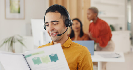 Call center, man and consulting documents in office for CRM report, FAQ proposal and IT support....