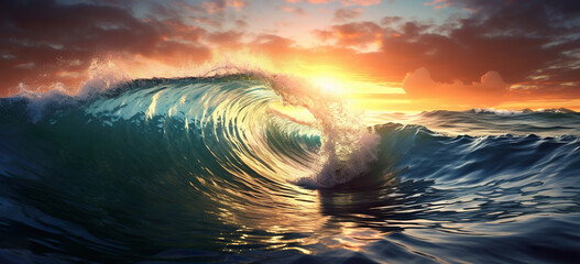 big wave of water during storm in open sea or ocean at sunset, nature background, generative AI - obrazy, fototapety, plakaty