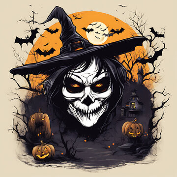 Halloween Scarry Art With Horror Background Pumpkin Skull Bat Tree Big Moon
