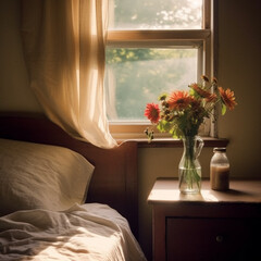Flowers in vase in bedroom near by window. Simple rustic style.