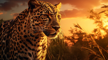 leopard at sunset, wildlife, nature, zoo park, Ai Generate 