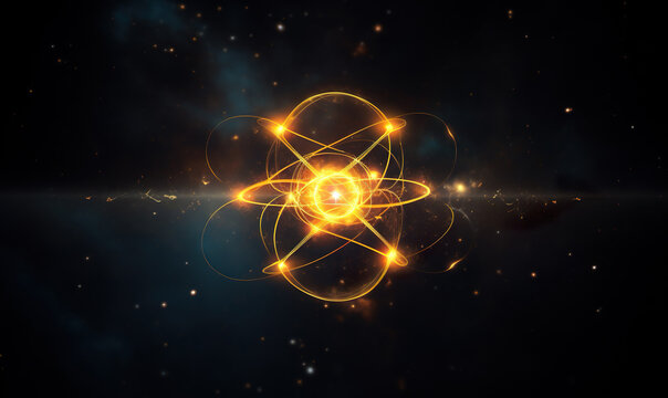 atom nuclear particle with orbit of electron or proton, colorful background with physics nucleus element, generative AI