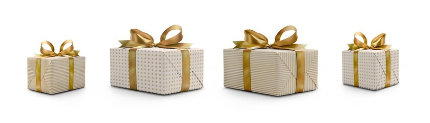 Side view of Christmas, birthday or valentine presents decorated in gold, golden spots and stripes...