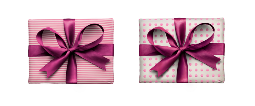 Top view of Christmas, birthday or valentine presents decorated in magenta spots and stripes with a purple ribbon bow isolated against a transparent background. - Powered by Adobe