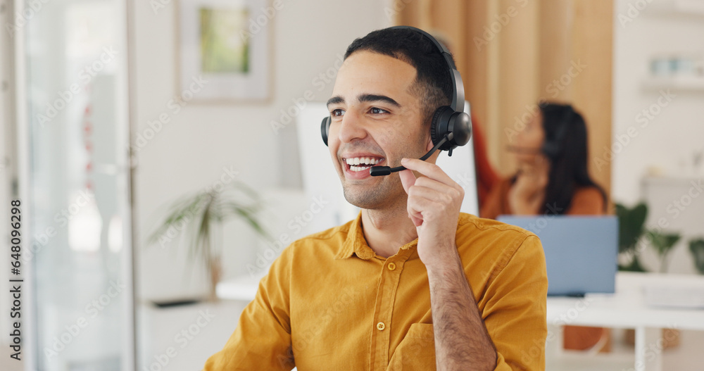 Poster Call center, man and happy online consulting in office for CRM questions, FAQ contact and IT support. Telemarketing agent with communication for sales advisory, telecom solution and offer client help