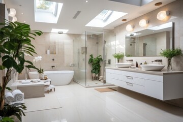The interior of the white bathroom is decorated in a modern home style with contemporary furniture.
