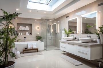 The interior of the white bathroom is decorated in a modern home style with contemporary furniture. - obrazy, fototapety, plakaty