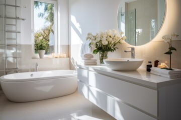 The interior of the white bathroom is decorated in a modern home style with contemporary furniture.