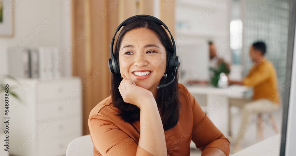 Poster call center, woman and thinking with smile in office for crm questions, faq contact and it support. 