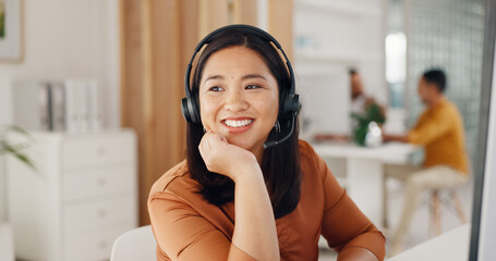 Call center, woman and thinking with smile in office for CRM questions, FAQ contact and IT support....