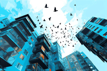 Flying building flight city group outdoors wildlife background sky blue flock birds