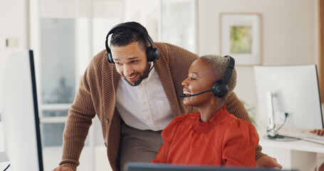 Customer service, happy man training black woman at computer and call center agent internship in office. Coaching, learning and team, manager with telemarketing consultant at desk and help with sales