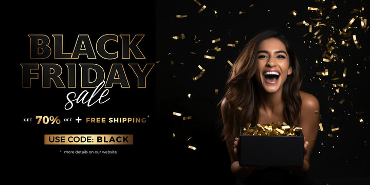 Black Friday banner with attractive woman surrounded by gold confetti. Promotion, Advertisement, sale. 3d illustration. 70% OFF	