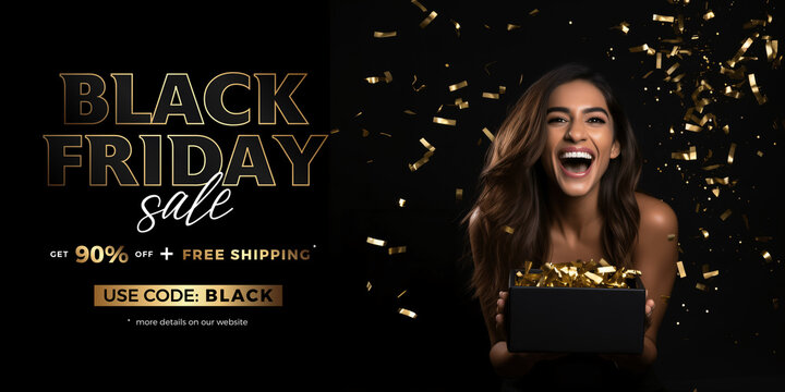 Black Friday banner with attractive woman surrounded by gold confetti. Promotion, Advertisement, sale. 3d illustration. 90% OFF	