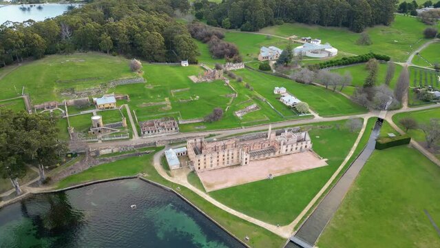 Port Arthur, Tasmania: Aerial drone footage of the Port Arthur historic site and penal settlement in Tasmania in Australia. 