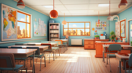 Empty Classroom school without student or teacher, empty chair and table, empty study room