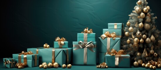 Banner with many gift boxes tied velvet ribbons and paper decorations on turquoise background. Christmas background.