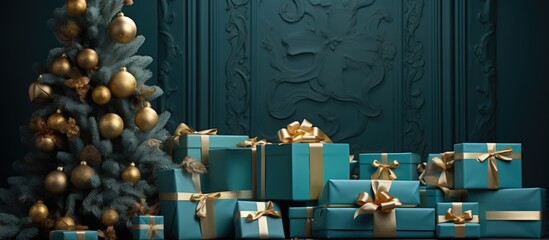 Banner with many gift boxes tied velvet ribbons and paper decorations on turquoise background. Christmas background.