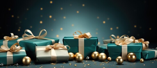 Banner with many gift boxes tied velvet ribbons and paper decorations on turquoise background. Christmas background.